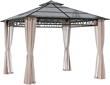 Outsunny 3 x 3 (m) Outdoor Polycarbonate Gazebo, Double Roof Hard Top Gazebo with Galvanised Steel Frame, Nettings & Curtains for Garden, Lawn, Patio and Deck, Khaki