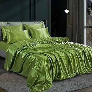 Parure de lit 6 pièces en satin doux et brillant,Parure de lit avec housse de couette, drap-housse, 4 taies d'oreiller,Parure de lit complète pour lit double, super king size (vert olive, double)
