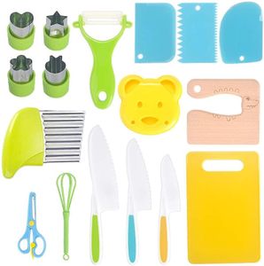 Kids Safe Knife Set -17 Pieces Montessori Kitchen Tools for Toddlers - Kids Cooking Sets, Toddler Knife for Real Cooking with Safe Knives, Cutting Board, Crinkle Cutter, Peeler & Fun Shape Cutters etc