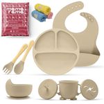 Mamarama 11 Piece Silicone Baby Feeding Set, Complete Mealtime Essentials, Includes Suction Bowl, Plate, Cup with Straw & Snack Lid, Fork, Spoon, Bib, and 3 Napkins for Babies and Toddlers (Beige)