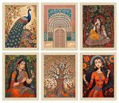 ArtX Paper Indian Madhubani Art Paintings with Frame for Home Decor, Wall Painting for Living Room, Multicolor, Natural Wood Color Frames, 12x18 inch, Set of 6