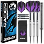 Raider 1: 23g Steel Tip Tungsten Darts Set - Purple Style Set of Professional Darts with Shafts (Stems), Flights and Checkout Card - Choice of Colour Available