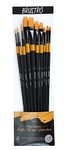 Brustro Artists Gold Taklon Brushes Set of 10| Ideal for Acrylics, Oil Paintings, Watercolour | Long Handle, Bright, Filbert, Flat, Round, Professional Art, School, Office Use.