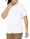 Lacoste Men's Short Sleeve Regular Fit Linen Button Down Shirt with Front Pocket, White, Medium