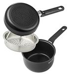 Navaris All in One Frying Pan Set - Ceramic Non Stick Cooking Saute Pan & Small Saucepan with Lid & Stainless Steel Steamer - Pots & Pans Sets for Induction Gas Hob - Set of 3