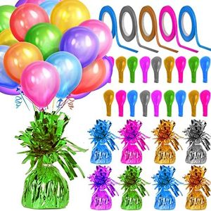 Balloon Weights Balloons & Ribbons - Balloon weights pack of 12 - Curling ribbon 12 rolls - 48 Party balloons - Balloon Stand ribbon party favor birthday décor party decorations (Assorted)