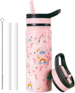 BUZIO Kids Water Bottle with Straw Lid, Modern Vacuum Insulated Hydro Bottle with 2 Straw Lids, 18oz Stainless Steel Wide Mouth Kids Tumbler, Double Wall Leak Proof Toddler Water Bottle for School