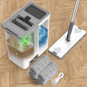 Mop and Bucket Set with AUTO Pump, 3-Zone Separate Dirty and Clean Water, Flat Mop and Bucket System with Wringer and Wheels, 4 Reusable Microfiber Pads, One-Touch Water Filling for Home Cleaning