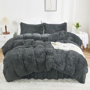 annadaif Plush Shaggy Duvet Cover, Dark Gray Fluffy Comforter Cover Set Full Size, Fuzzy Faux Fur Bedding Set with Zipper Closure, Luxury Ultra Soft 3 Pieces (1 Duvet Cover, 2 Pillowcases)