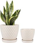 Docrin Ceramic Plant Pots Indoor: 6.6 + 5.5 Inch Planters with Drainage Holes and Saucer for Home/Office - Set of 2 /Milky White Honeycomb