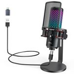 zealsound Gaming Microphone PC, USB Mic for Computer Phone Tablets PS5, RGB Cardioid Condenser Microphone with Tap-on-Mute, Pop Filter, for Podcast, Recording, Voice Over, Youtuber, All-Metal-Built