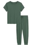 Joyaria Jogger Pajama Set for Women Ultra Soft Bamboo Pj Short Sleeve Sleepwear Long Pants Sleep Set (Olive Green, XXL)