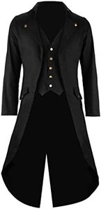 Men's Vintage Tailcoat Jacket Gothic Victorian Coat Uniform Halloween Costume with Pocket, Black