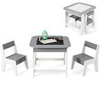 Maxmass Kids Table and Chair Set, Wooden Activity Play Table with Double-sided Tabletop & Hidden Storage Space, 3 Pieces Toddler Drawing Table for Writing, Learning, Playing (Gray + White)