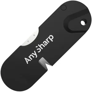 AnySharp Tactical Pocket Knife Sharpener - Easy to Use Sharpening Tool w/Fire Starter - Compact Knife Sharpener for Tactical, Hunting, and Pocket Knives w/Serrated Blades and Hardened Steel - Black