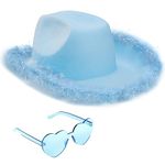 Silom Cowboy Hat with Heart Glasses, Blue Halloween Costume Cowgirl Hat for Men Women with Feathers,Western Felt Fluffy Cow Girl Hats,Dress Up Birthda,Bachelor Party