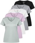 Real Essentials Womens Plus Size V Neck T-Shirt Ladies Yoga Top Athletic Tees Active Wear Gym Workout Zumba Just My Exercise Running Essentials Dry Fit Wicking Basic Clothes, Set 9, 2X, Pack of 5
