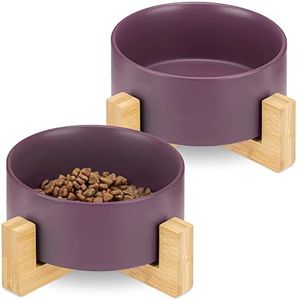 Navaris Lot 2X Bol en Céramique - Gamelle pour Chat Chiot Ø 16 cm avec Support en Bambou - Set 2X Gamelle Surélevée avec Socle - Design Danois