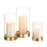 Hewory Hurricane Candle Holders for Pillar Candles: 3pcs Glass Pillar Candle Holder with Gold Metal Tray for Living Room Dining Table Centrepiece Holiday Home Decor, Clear Cylinder