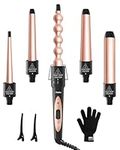 Curling Wand, Ohuhu 5 in 1 Hair Curler, Curling Tongs Iron Set with 5 Pcs 0.35 to 1.25 Inch Interchangeable Ceramic Barrel Heat Protective Glove 2 Clips Dual Voltage, Gift for Girl Women Mother's Day