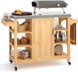 YITAHOME Solid Wood Outdoor Kitchen Island 51.2"L x 19.5"W x 36.2"H, Outdoor Grill Cart Movable Grill Table with Stainless Steel Table Top and Spice Rack, Storage Cabinet Bar Cart on Wheels, Natural