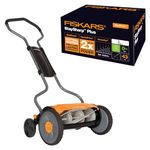 Fiskars StaySharp Plus Reel Mower, Cylinder Lawnmower with Blade-Free Cutting System, Cutting Width: 43 cm, Black/Orange/Silver, 1015649