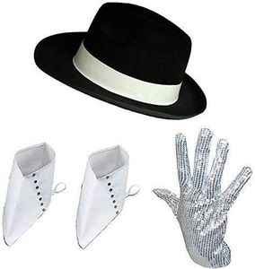 Michael Jackson Chapeau Noir à Paillettes Gants et blanc Spats Fancy Dress Kit