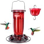 Kingsyard Glass Hummingbird Feeder for Outdoors Wild Bird Feeder with 6 Feeding Ports Hanging for Garden Yard, Red (Ant Moat Included)