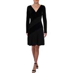 Ralph Lauren Womens Black Color Block Velvet Long Sleeve V Neck Above The Knee A-Line Cocktail Dress Size: 8