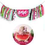 Handmade Watermelon Highchair Banner Garland for 1st Baby Girl - Pink Sliver ONE Birthday Party Banner 1st Birthday Burlap Highchair Banner for Photo Booth Props, Birthday Souvenir and Gifts