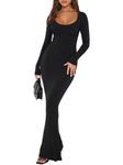 REORIA Womens Sexy Casual Scoop Square Neck Long Sleeve Soft Lounge Long Dress Fall Wedding Guest Elegant Ribbed Bodycon Maxi Dresses Black Large