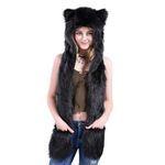 Women Cute Winter Animal Hat 3 in 1 Faux Fur Multifunctional Hat Cartoon Animal Hoodie Hat with Scarf Paw Gloves, Black