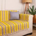 STITCHNEST Woven 3 Seater Sofa Protector with Hand Rest Covers – Yellow & White Stripe Design – Washable Fabric with Tassels – Stylish Sofa Cover for Modern Living Room & Furniture Décor
