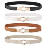 JASGOOD 4 Pack Women Retro Elastic Stretchy Metal Buckle Skinny Waist Belt 1 inch Wide,Fits Waist 26"-32",H-Black+Brown+White+Beige