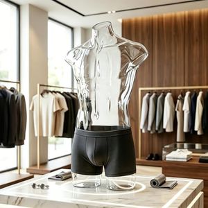 Transparency Male Mannequin Torso - Clear Male Half-Body Mannequins Hip Long Torso, Plastic Dress Form for Retail Clothing Store Clothes