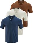 3 Pack: Mens Polo Shirts, Business Casual Golf Henley Work Shirts for Men, Collarless Short Sleeve Stylish Athletic Tshirts, Navy/Bronze/Off White, Medium