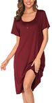 Vlazom Women's Nightdress, Ladies Soft Nighties U-Neck Nightshirts Short Sleeve Sleep Dress Nightgown Sleepwear,C-Burgundy, XXL