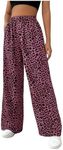 OYOANGLE Women's Leopard Print Elastic High Waist Long Pants Wide Leg Loose Trousers with Pockets Hot Pink Large