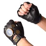 GRACEART Steampunk Leather Gloves Men with Gears Fingerless Mittens Heavy Metal Rocker Gloves, Style 01-compass, Medium