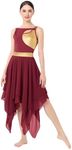 ODASDO Lyrical Dance Costumes for Women Contemporary Dancewear Sleeveless Cut Out Front Mesh Tulle Maxi Dress XS-XL, Wine Red + Gold, X-Large