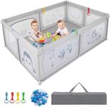 GYMAX Baby Playpen, 206 x 147cm Large Toddler Fence Play Yard with 50 Ocean Balls, Suction Cups, Zipper Door and Carry Bag, Indoor Outdoor Infant Activity Center (Grey with Penguin Pattern)