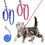 Cat Harness and Lead Set - Escape Proof Cat Harnesses Soft Adjustable Kitten Harness with Paw and Fish-Bone Patterns for Outdoor Walking (Blue+Pink)