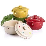 AVLA 4 Pack Porcelain Ramekins, 9 OZ Mini Casserole Bowl with Lid and Handle, Ceramic Souffle Soup Creme Brulee Bowls, Oven Safe (Polka Dot, Assorted Color)