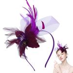 Larfraecy Exquisite Bonnet Bridal Headdress Feather Mesh Hair Accessories Faux Flowers Head Flowers Retro Fascinators Hat Flower Mesh Ribbons Feathers On A Headband Wedding Prom Women Girls (Purple)