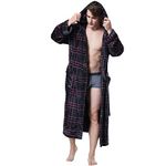 KEMUSI Hooded Herringbone Men's Black and Red Tartan Plaid Soft Spa Long Bathrobe, Comfy Full-Length Warm Nightdress (S)