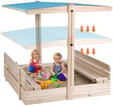 FUNTOK Sandbox with Lid and Cover, Wooden Cabana Sand Box with Canopy for Kids Ages 3-8, Retractable & Rotatable Roof, UV-Resistant Sandbox w/2 Foldable Bench Seats for Backyard, Patio, Outdoor Play