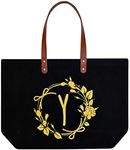 ELEGANTPARK Personalized Birthday Gifts for Women Mom Friend Sister Teacher Appreciation Gifts Monogrammed Gifts Initial Tote Bag Present Bag Black Canvas Tote Bag with Pocket Gold Letter Y