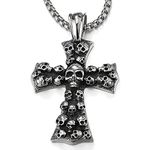 Mens Large Gothic Vintage Skulls Cross Pendant Necklace of Steel, 30 inches Wheat Chain