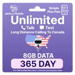 Jethro Mobile USA Travel SIM Card (1 Year), 8GB High-Speed Data, Unlimited Talk & Text, International Calling, 3-in-1 Activation Kit