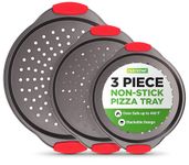 NutriChef Pizza Tray, Nonstick Baking Pan with Perforated Holes,3 Piece, Round Carbon Steel Premium Bakeware Pizza Screen with Silicone Grip Handles, Dishwasher Safe - Small, Medium, Large Sizes, Grey